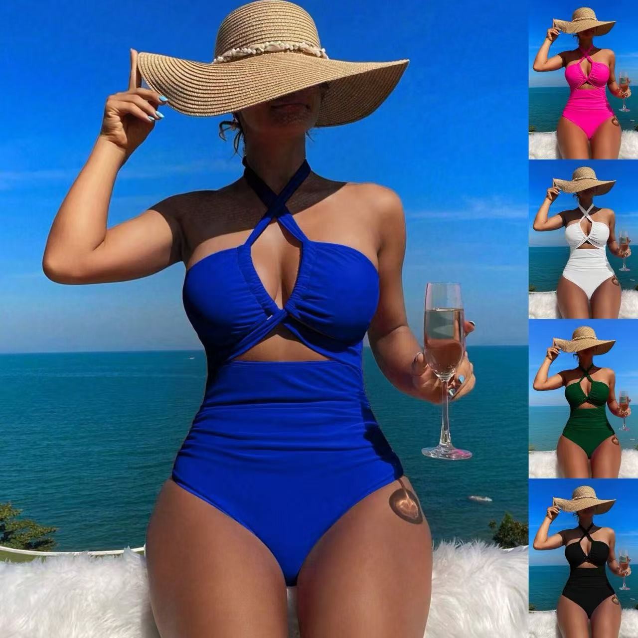Swimwear - Women Swimsuit Halter Neck Solid Swimsuit