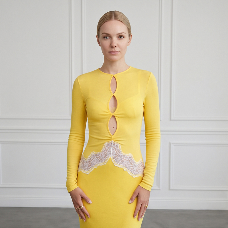 Bodycon Long Sleeve Ribbed Dress - Women Yellow Lace Cutout Long Sleeve