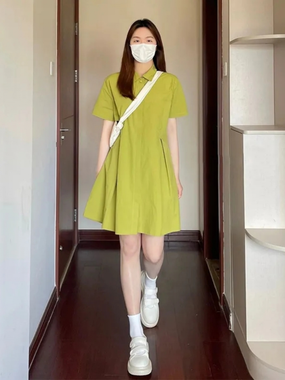 Korean Style A Line Shirt Dress - plus Size Women's Neck Short Sleeve