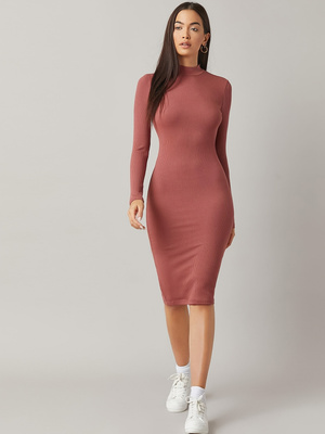 Bodycon Long Sleeve Ribbed Dress - Women's Dusty Rose Ribbed Bodycon Midi