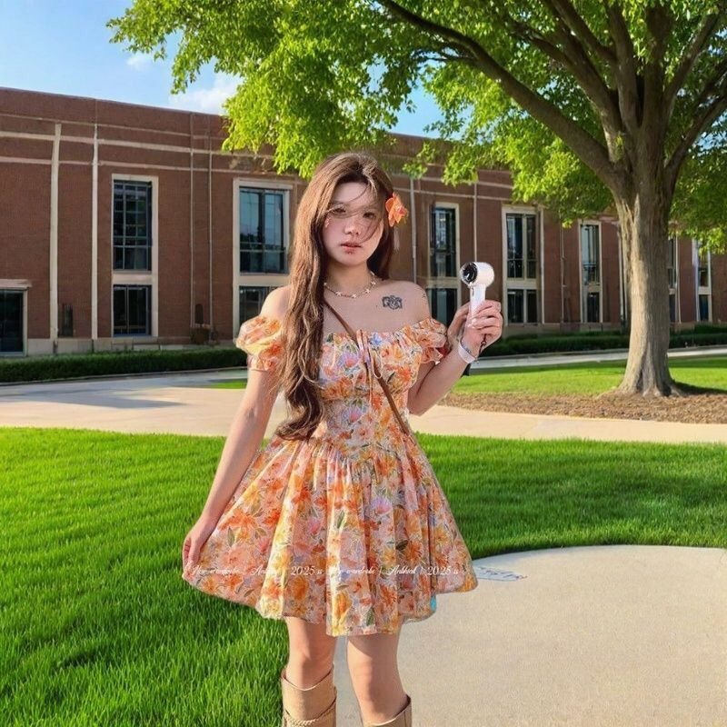 Off Shoulder Puff Sleeve Sundress - Hotsale Orange Floral Print Off Shoulder