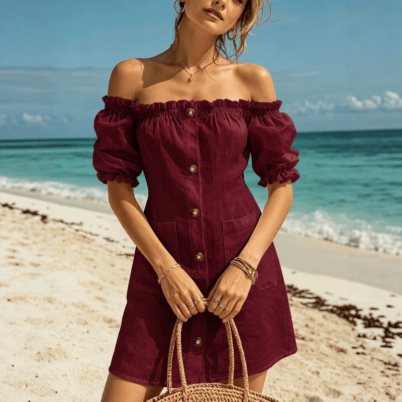 Women Off Shoulder Mini Dress  - Off Shoulder Puff Sleeve Sundress 评论和价格