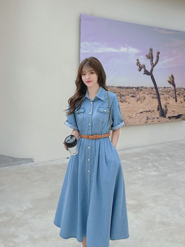 Women's Denim Dress 2026 Summe - Korean Style A Line Shirt Dress 评论和价格