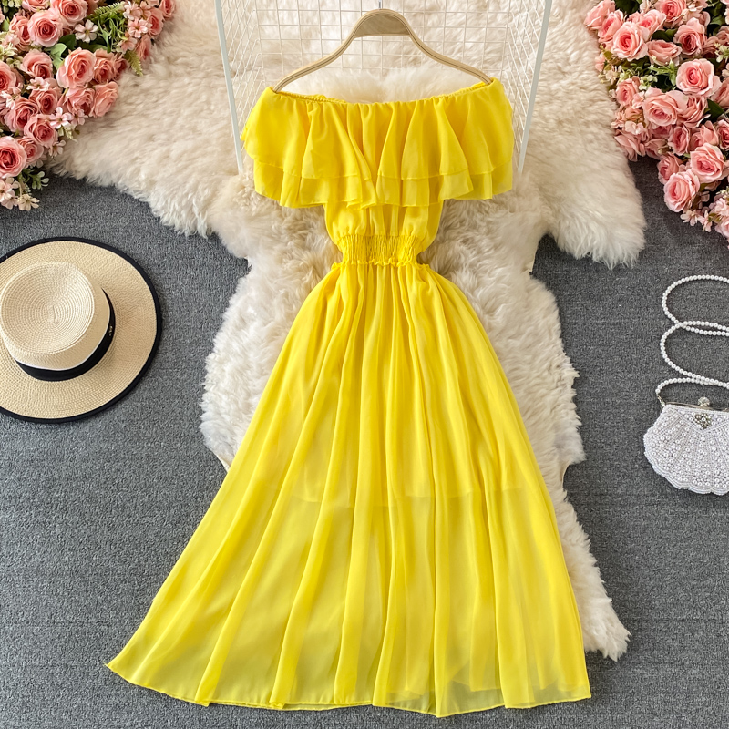 Yellow Solid Women's Beach Dre - Off Shoulder Puff Sleeve Sundress 评论和价格