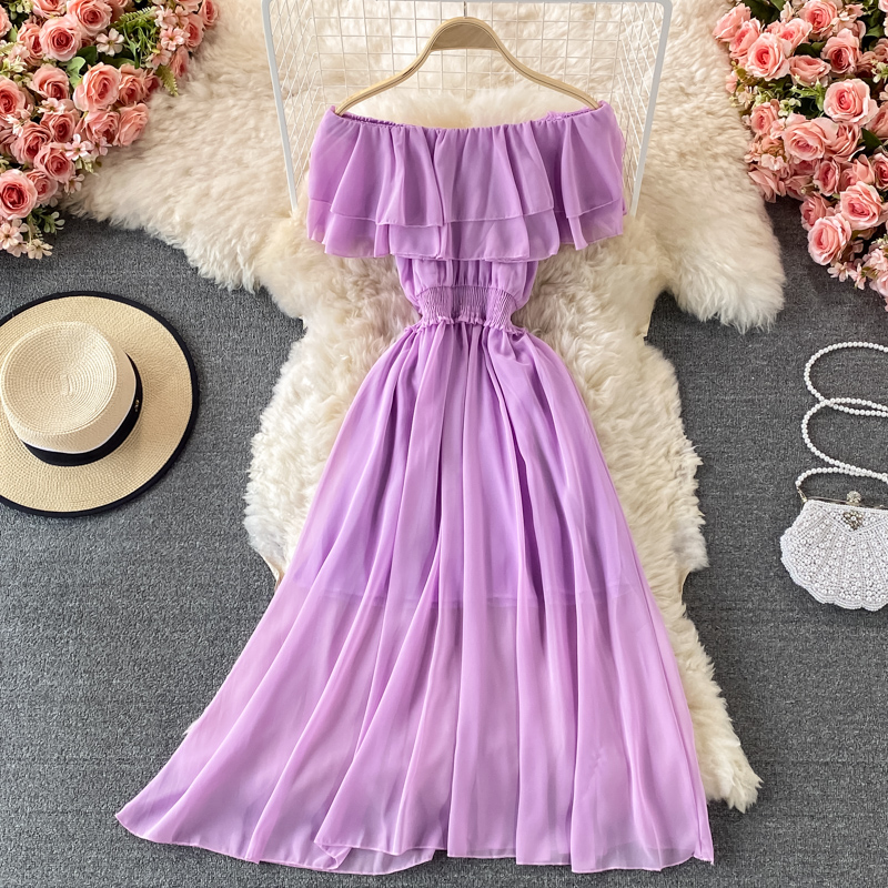 Yellow Solid Women's Beach Dre - Off Shoulder Puff Sleeve Sundress 评论和价格