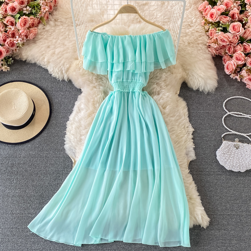 Yellow Solid Women's Beach Dre - Off Shoulder Puff Sleeve Sundress 评论和价格