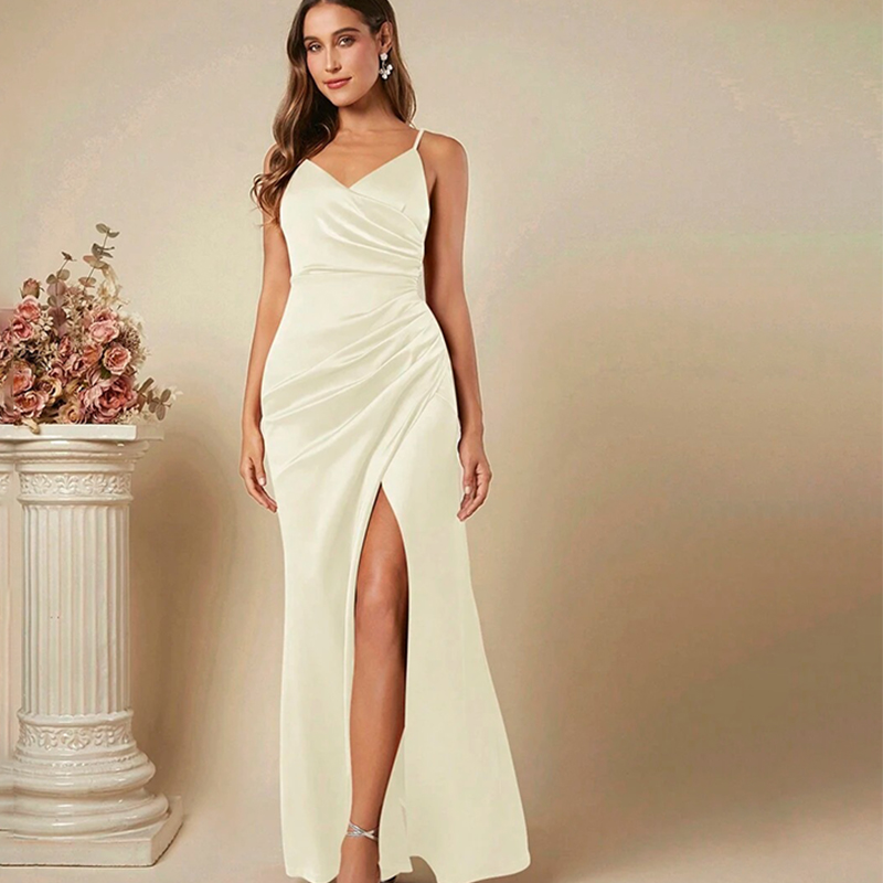 Women Elegant Satin Suspender  - Elegant Satin Evening Gown Split 评论和价格