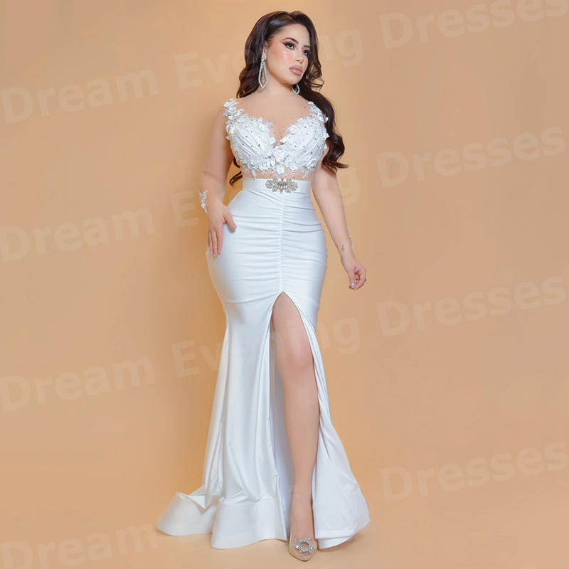 Elegant White Mermaid Women's  - Elegant Satin Evening Gown Split 评论和价格