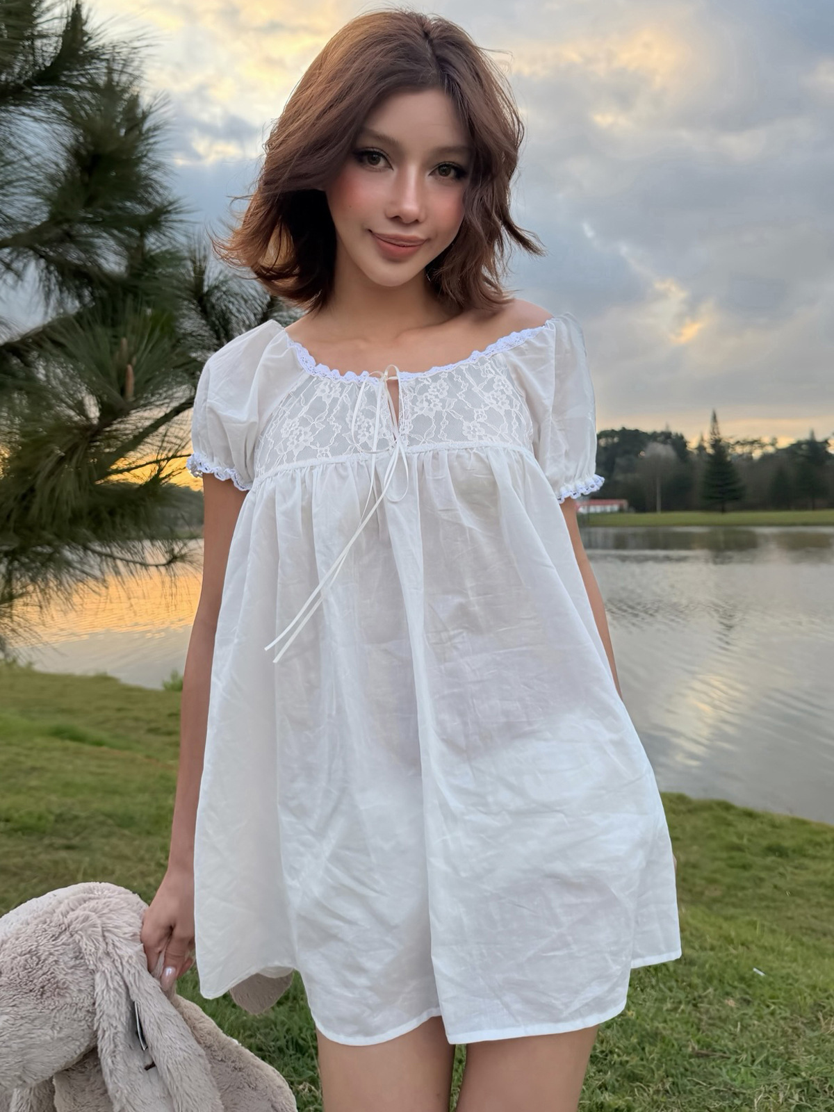 White Off Shoulder Lace Babydo - Off Shoulder Puff Sleeve Sundress 评论和价格
