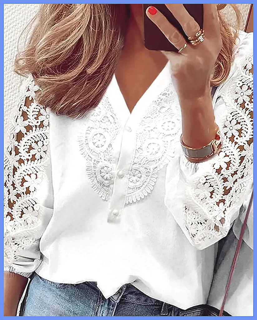 Elegant White Lace Hollow Pane - Blouses 评论和价格