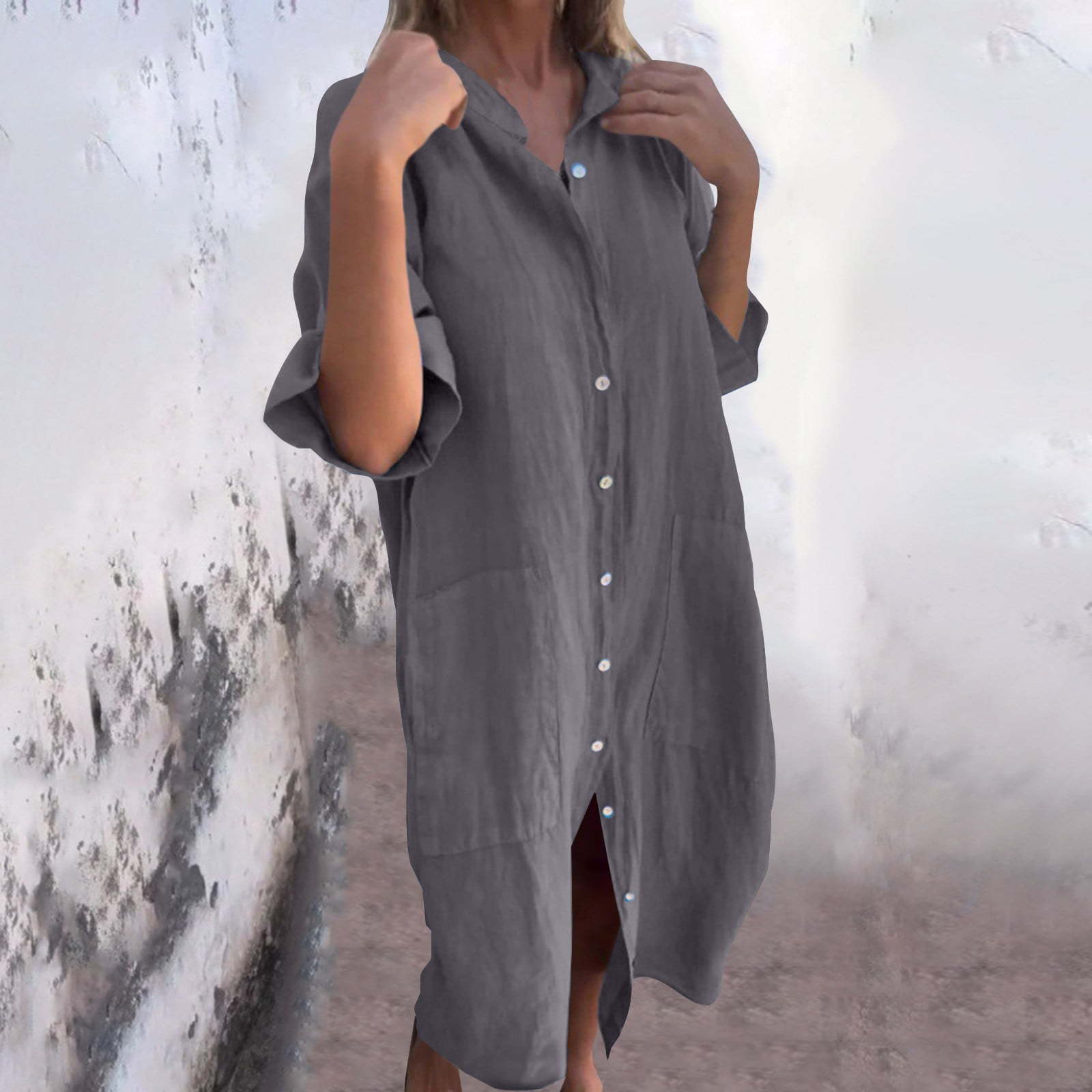 2025 New European and American - Casual Loose Linen Shirt Dress 评论和价格
