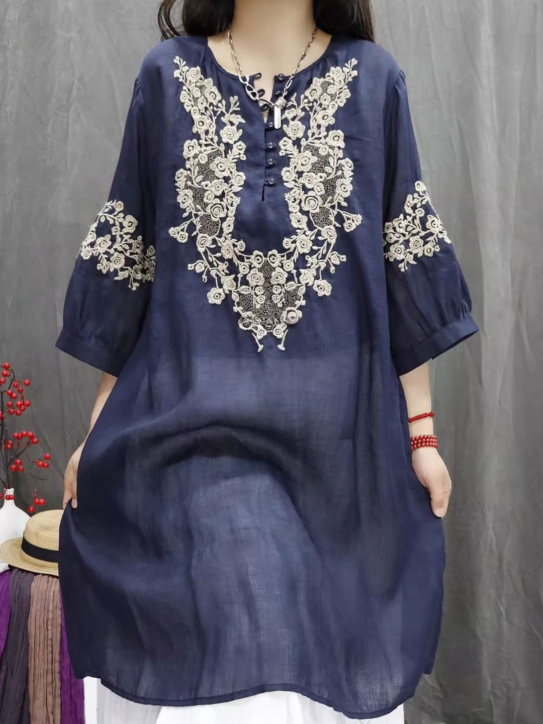 Retro Cotton Linen Embroidered - Casual Loose Linen Shirt Dress 评论和价格