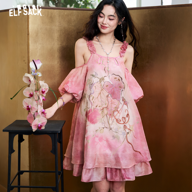 ELFSACK Women's Tie-Dye Jacqua - Off Shoulder Puff Sleeve Sundress 评论和价格