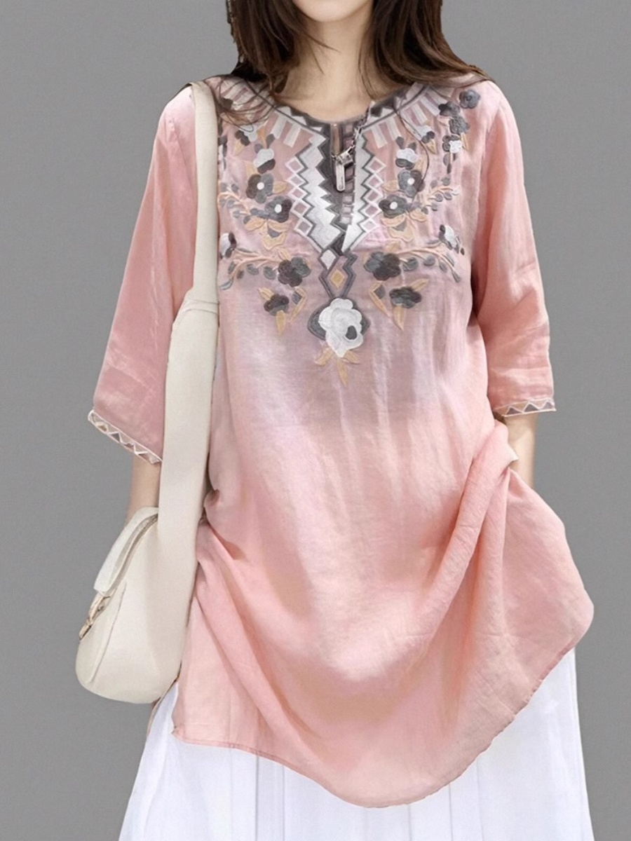 Elegant Embroidered Linen Shir - Casual Loose Linen Shirt Dress 评论和价格