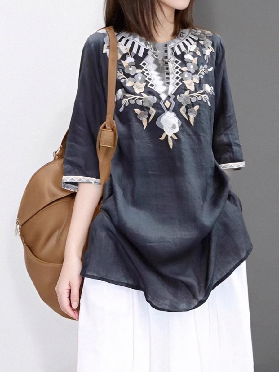 Elegant Embroidered Linen Shir - Casual Loose Linen Shirt Dress 评论和价格