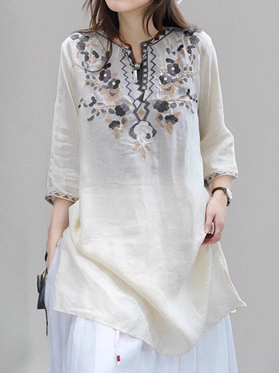 Elegant Embroidered Linen Shir - Casual Loose Linen Shirt Dress 评论和价格