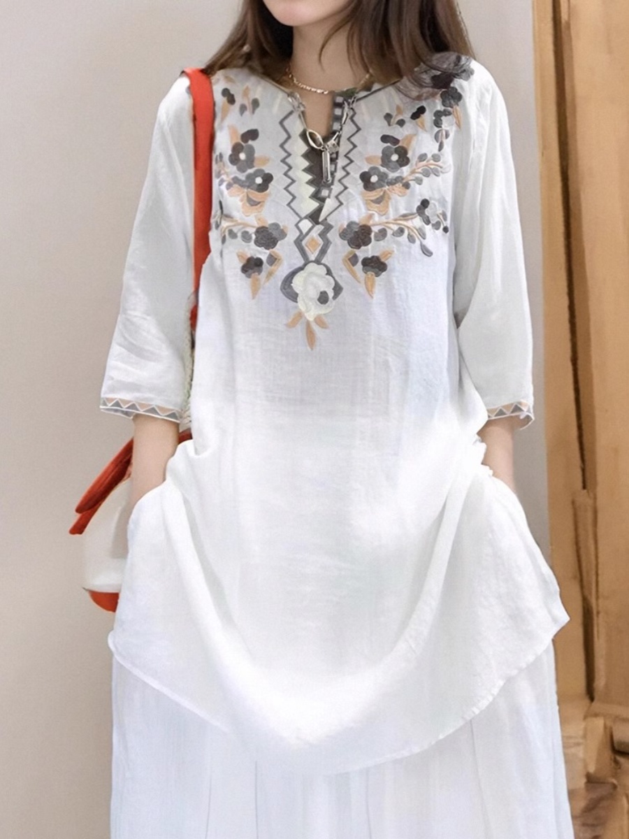 Elegant Embroidered Linen Shir - Casual Loose Linen Shirt Dress 评论和价格