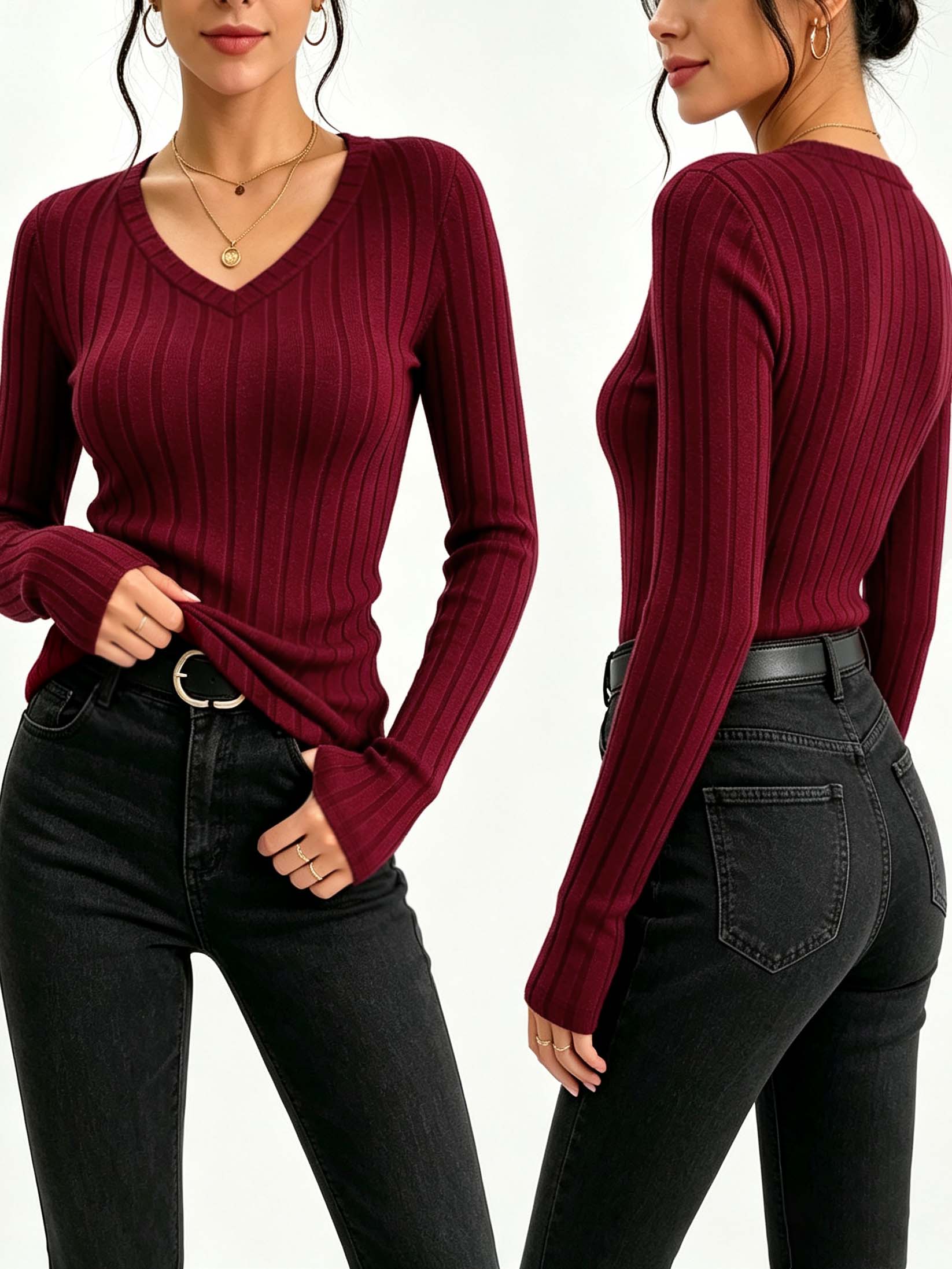 Women Solid V‑Neck Ribbed Knit - Blouses 评论和价格
