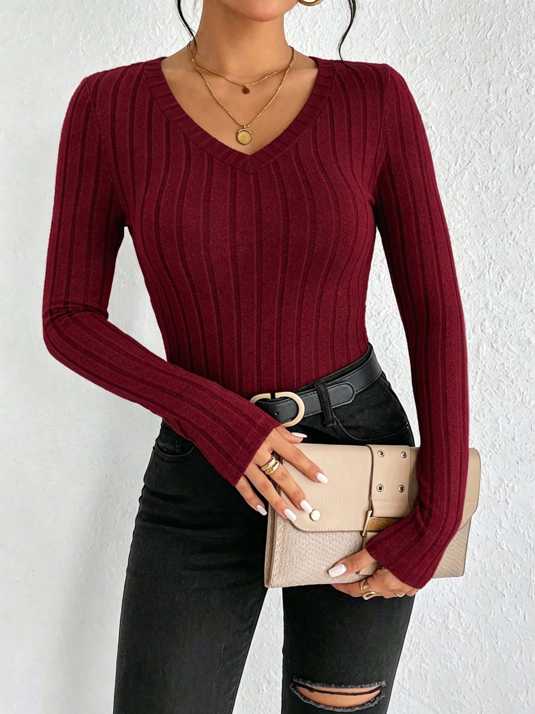 Women Solid V‑Neck Ribbed Knit - Blouses 评论和价格