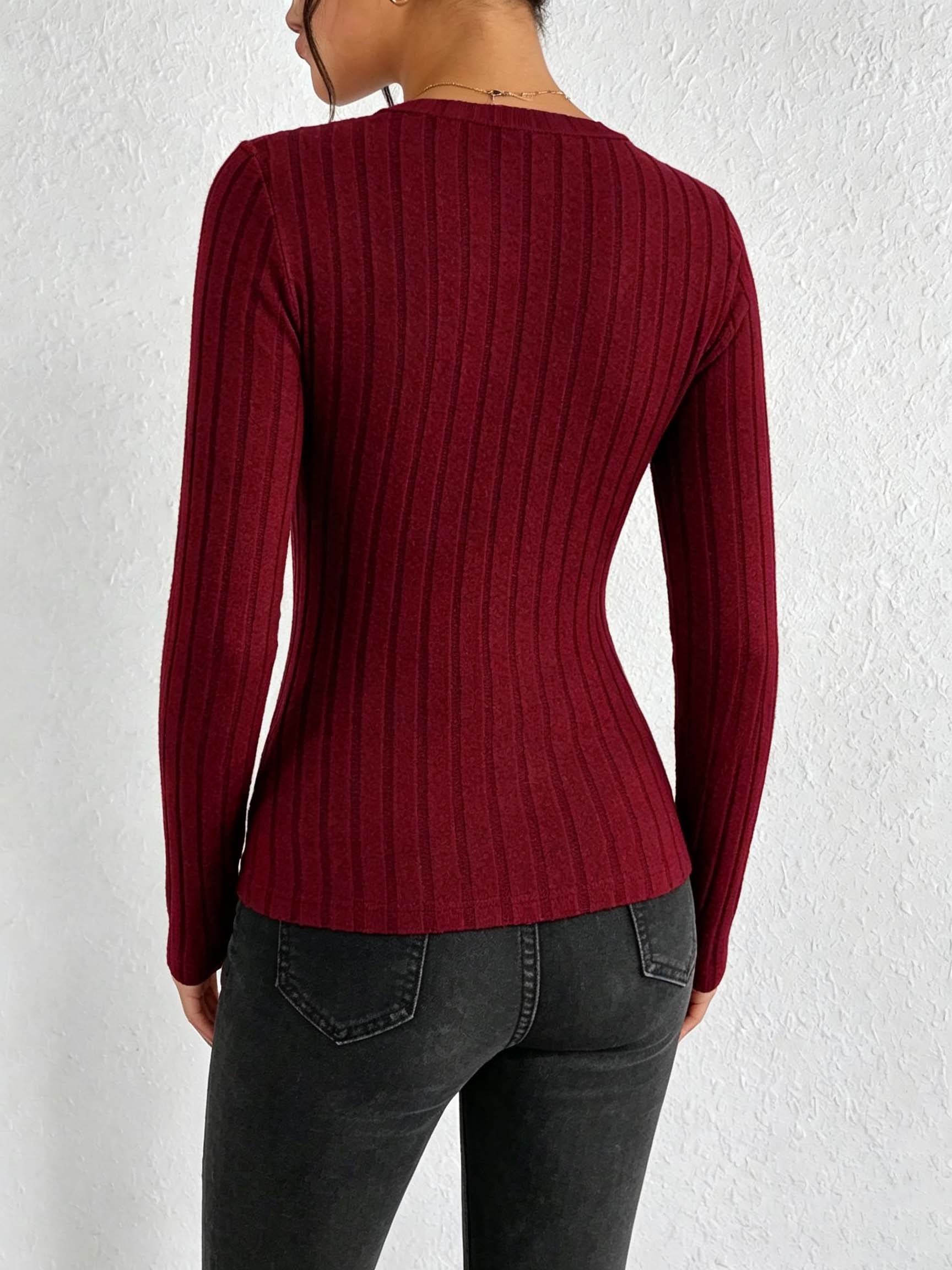 Women Solid V‑Neck Ribbed Knit - Blouses 评论和价格