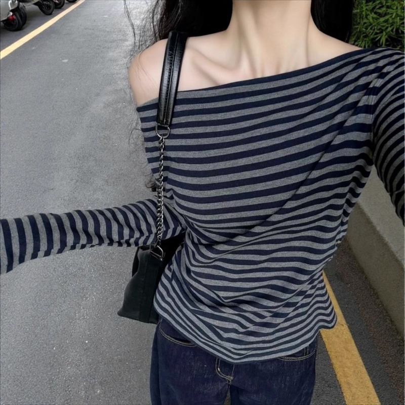 Women Vintage Striped Off Shou - Blouses 评论和价格