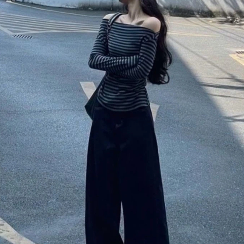 Women Vintage Striped Off Shou - Blouses 评论和价格