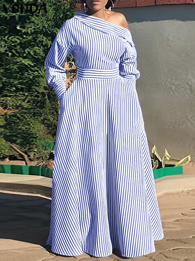 VONDA 2024 Women Elegant Strip - Off Shoulder Puff Sleeve Sundress 评论和价格