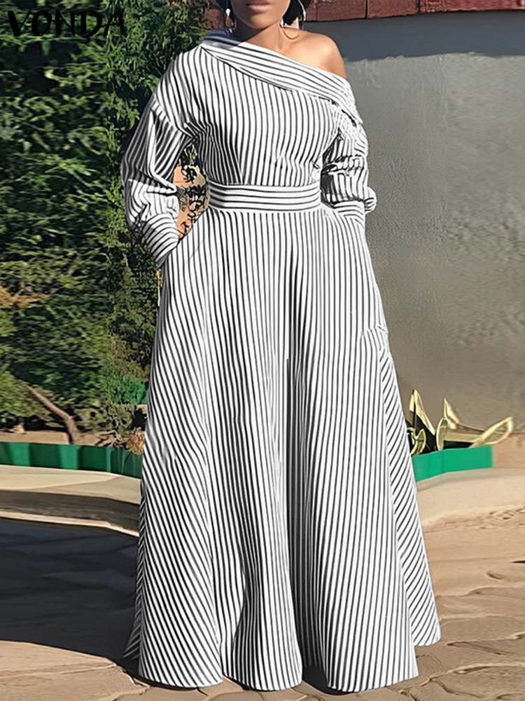 VONDA 2024 Women Elegant Strip - Off Shoulder Puff Sleeve Sundress 评论和价格