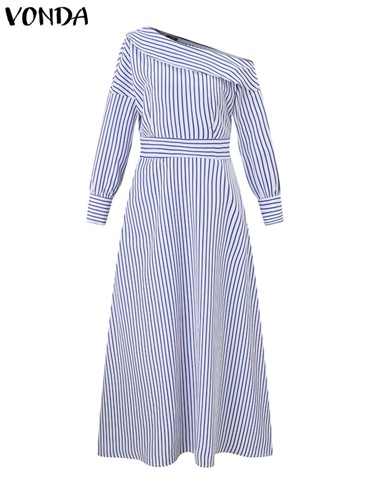 VONDA 2024 Women Elegant Strip - Off Shoulder Puff Sleeve Sundress 评论和价格