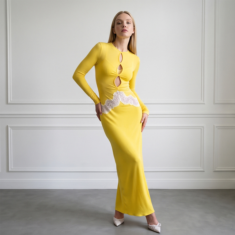 Women Yellow Lace Cutout Long  - Bodycon Long Sleeve Ribbed Dress 评论和价格