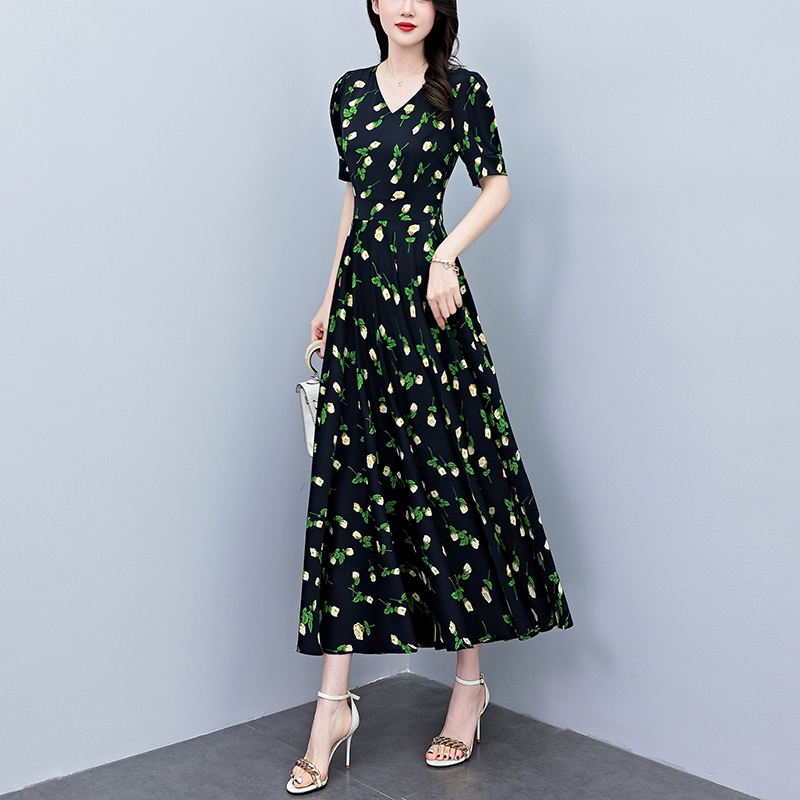 Summer Short Sleeve  Bodycon L - French Vintage Floral Midi Dress 评论和价格