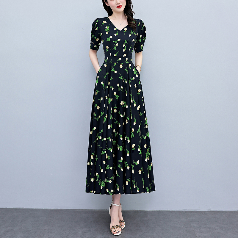 Summer Short Sleeve  Bodycon L - French Vintage Floral Midi Dress 评论和价格