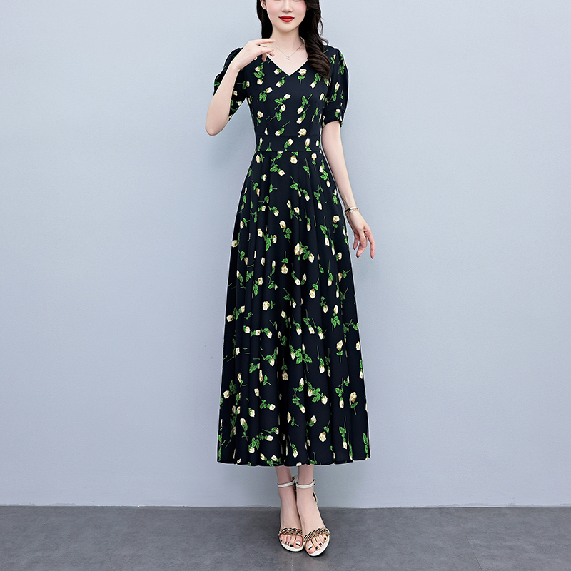 Summer Short Sleeve  Bodycon L - French Vintage Floral Midi Dress 评论和价格