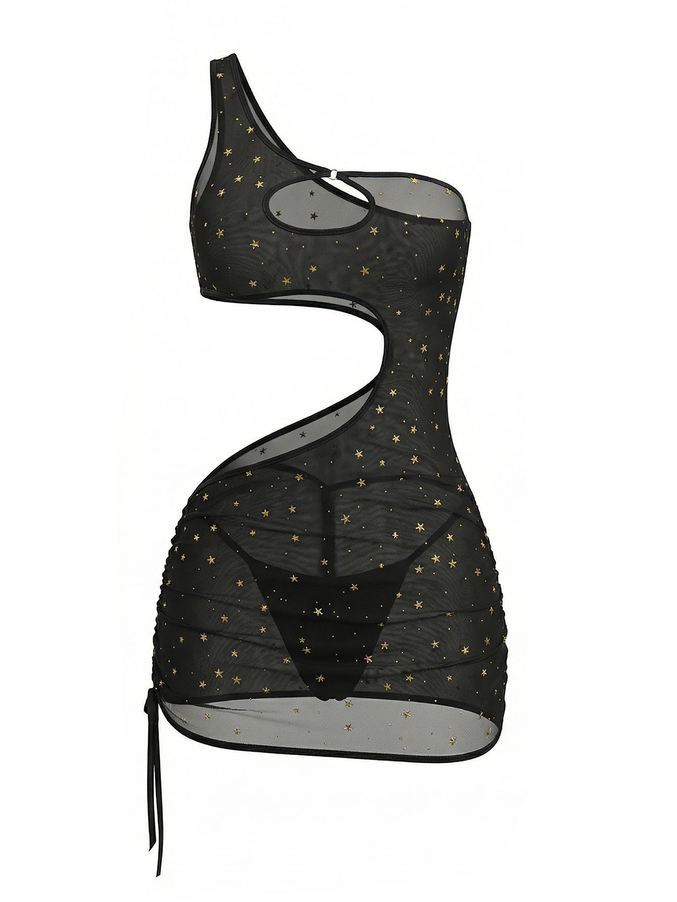 Black One‑Shoulder Star Print  - Sexy Mesh Sheer Bodycon Dress 评论和价格