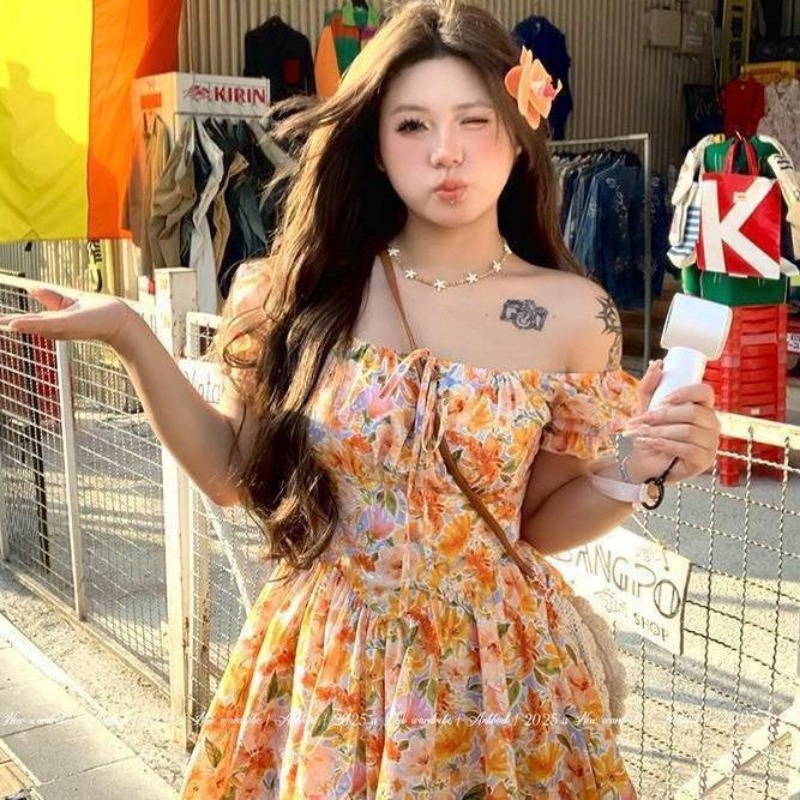 Womens Orange Floral Print Off - Off Shoulder Puff Sleeve Sundress 评论和价格