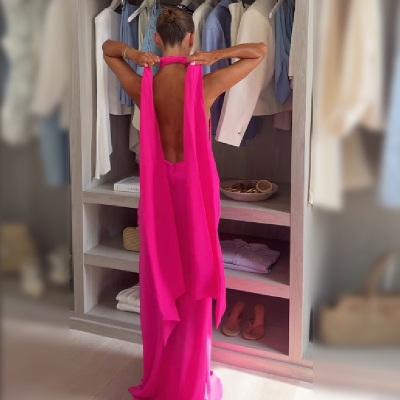 Women Halter Satin Maxi Dress  - Elegant Satin Evening Gown Split 评论和价格