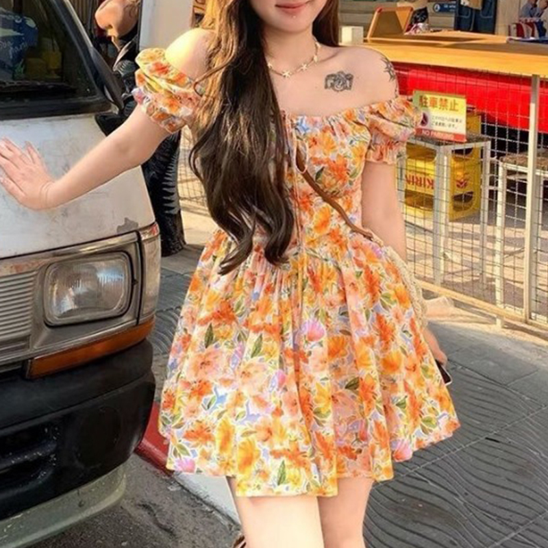 2026 new Orange Floral Print O - Off Shoulder Puff Sleeve Sundress 评论和价格