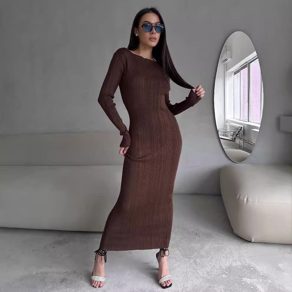 Women's Elegant Crew Neck Wais - Bodycon Long Sleeve Ribbed Dress 评论和价格