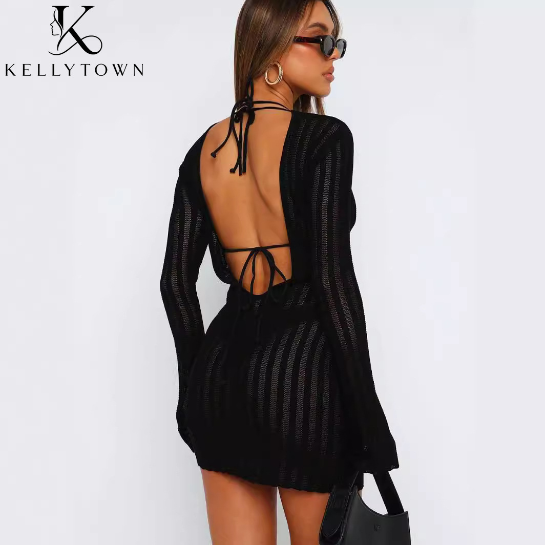 Backless Dress Sexy Rib Knit M - Bodycon Long Sleeve Ribbed Dress 评论和价格