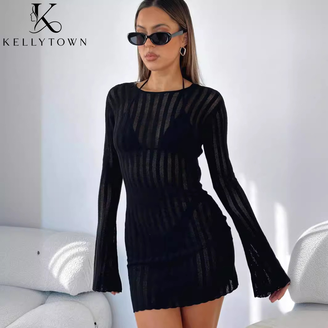 Backless Dress Sexy Rib Knit M - Bodycon Long Sleeve Ribbed Dress 评论和价格