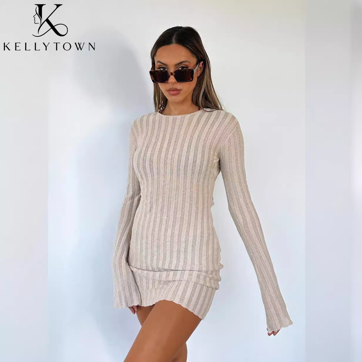 Backless Dress Sexy Rib Knit M - Bodycon Long Sleeve Ribbed Dress 评论和价格