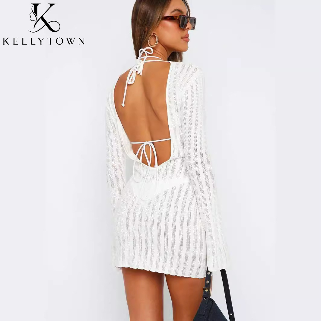Backless Dress Sexy Rib Knit M - Bodycon Long Sleeve Ribbed Dress 评论和价格