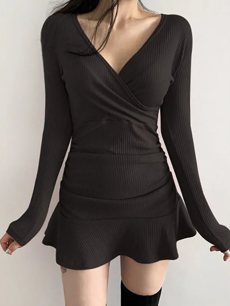 AOSSVIAO Black Knitted Ribbed  - Bodycon Long Sleeve Ribbed Dress 评论和价格