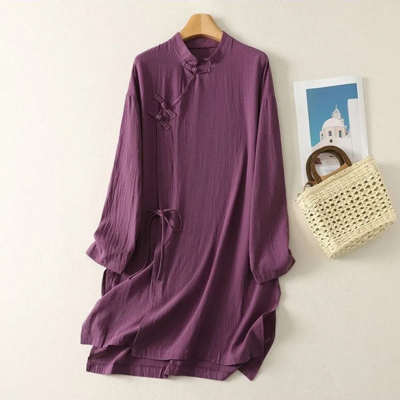 Women's Chinese Style Frog But - Casual Loose Linen Shirt Dress 评论和价格