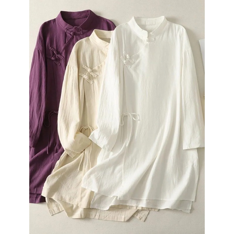 Women's Chinese Style Frog But - Casual Loose Linen Shirt Dress 评论和价格