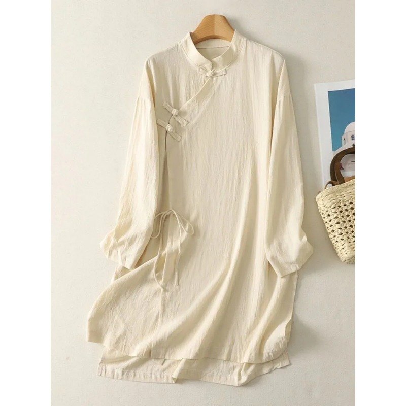 Women's Chinese Style Frog But - Casual Loose Linen Shirt Dress 评论和价格