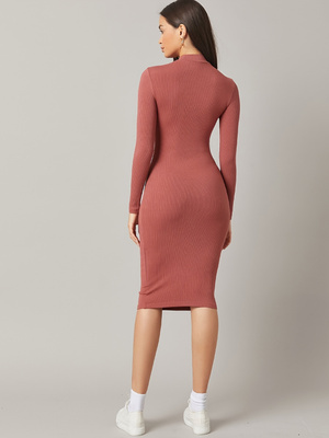 Women's Dusty Rose Ribbed Body - Bodycon Long Sleeve Ribbed Dress 评论和价格