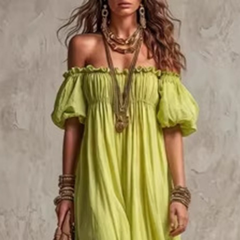 Women Elastic Waist Casual Vac - Off Shoulder Puff Sleeve Sundress 评论和价格