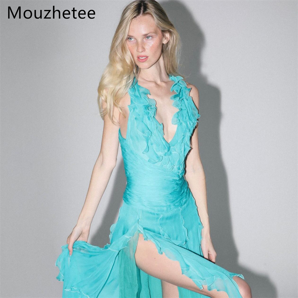 Mouzhetee Simple A-Line V-Neck - Elegant Satin Evening Gown Split 评论和价格