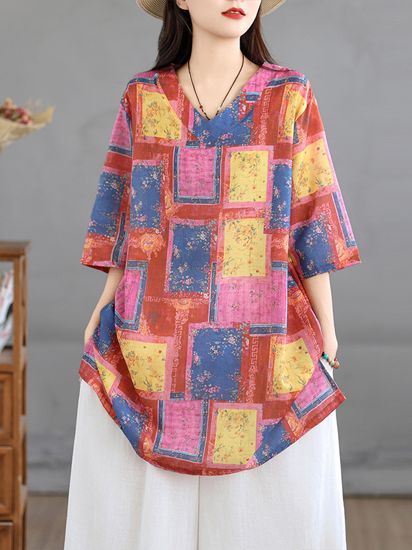 Casual Linen Print Top Vintage - Casual Loose Linen Shirt Dress 评论和价格